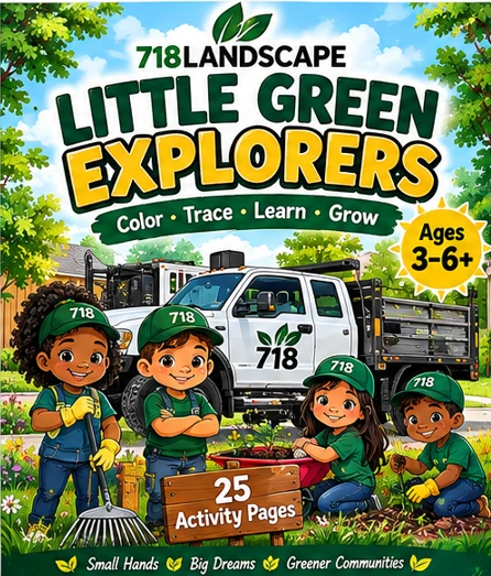 Book 3 cover: Little Green Explorers β two children with a rake and a wheelbarrow standing in front of a white 718LANDSCAPE truck.