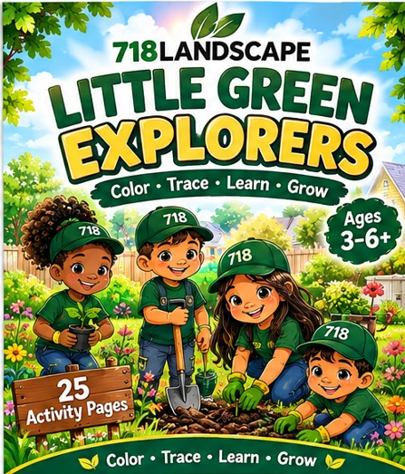 Book 1 cover: Little Green Explorers β four children in green shirts and 718 caps gardening together with a shovel, trowel, watering can, and potted plant in a flowery yard.