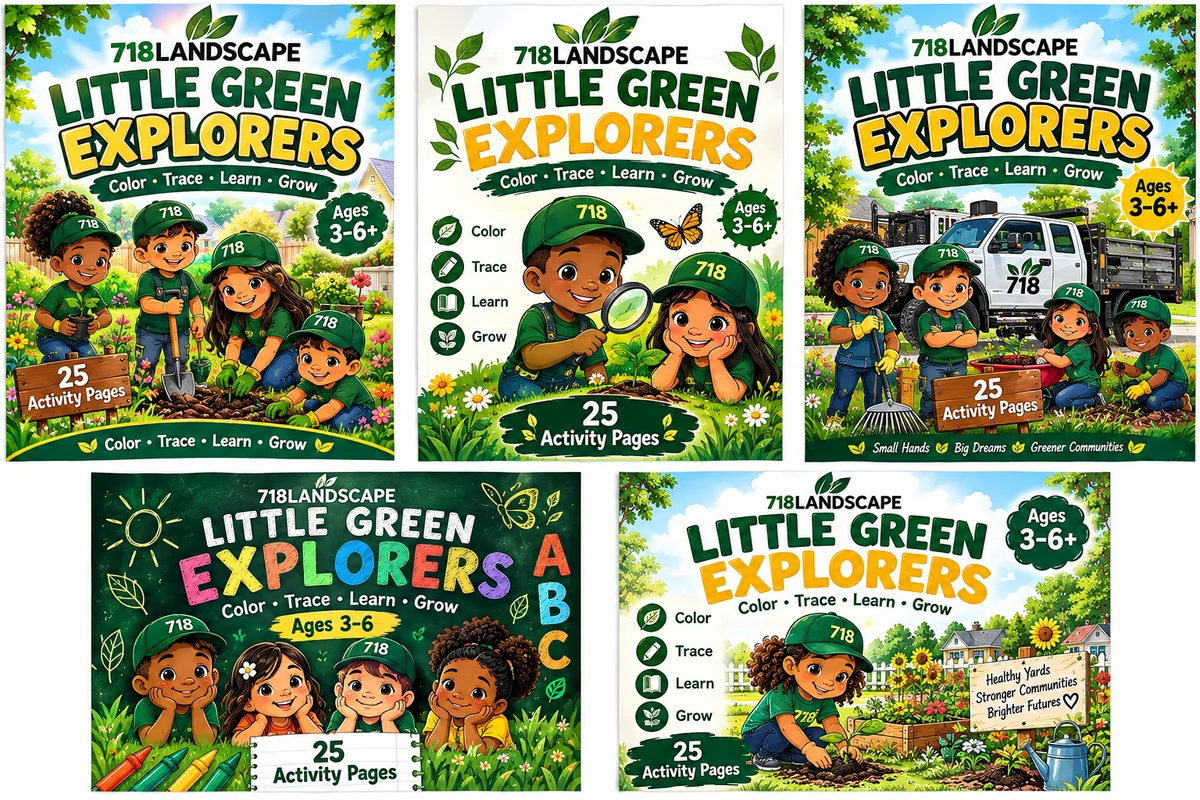 Little Green Explorers cover artwork concepts: groups of children in green shirts and 718 caps gardening, tracing letters, and exploring a neighbourhood