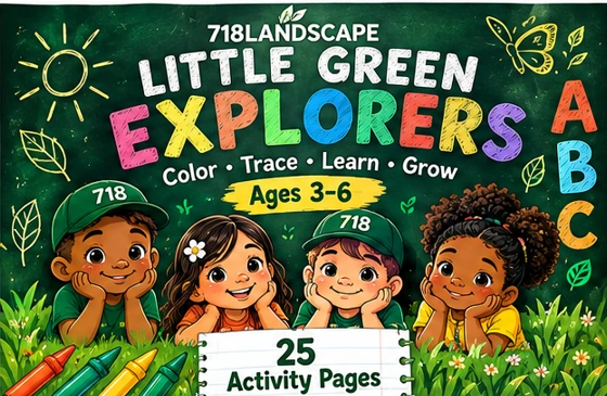 Book 5 cover: Little Green Explorers β a chalkboard-style cover with A B C sketches, four large crayons, and a sheet of lined notebook paper.