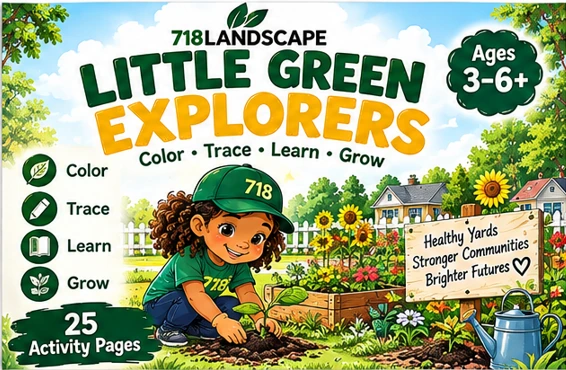 Book 4 cover: Little Green Explorers β a girl kneeling to plant a sprout in a sunny garden with sunflowers, a white picket fence, and a blue watering can.
