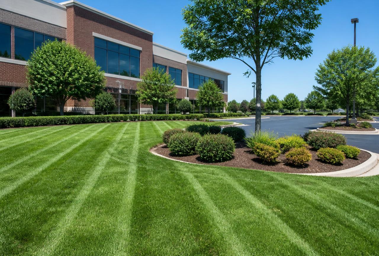 Striped commercial lawn and parking island landscaping