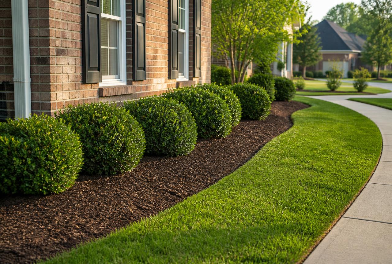 Freshly mulched landscape beds with trimmed boxwood shrubs