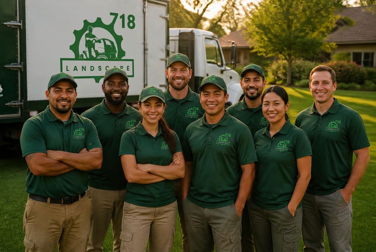 The 718LANDSCAPE crew — a diverse team of groundskeepers on site